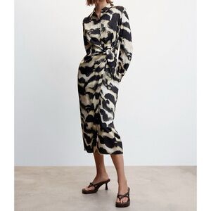 Mango Camila Animal Print Satin Tue T Waist Long Sleeve Midi Dress Size Medium